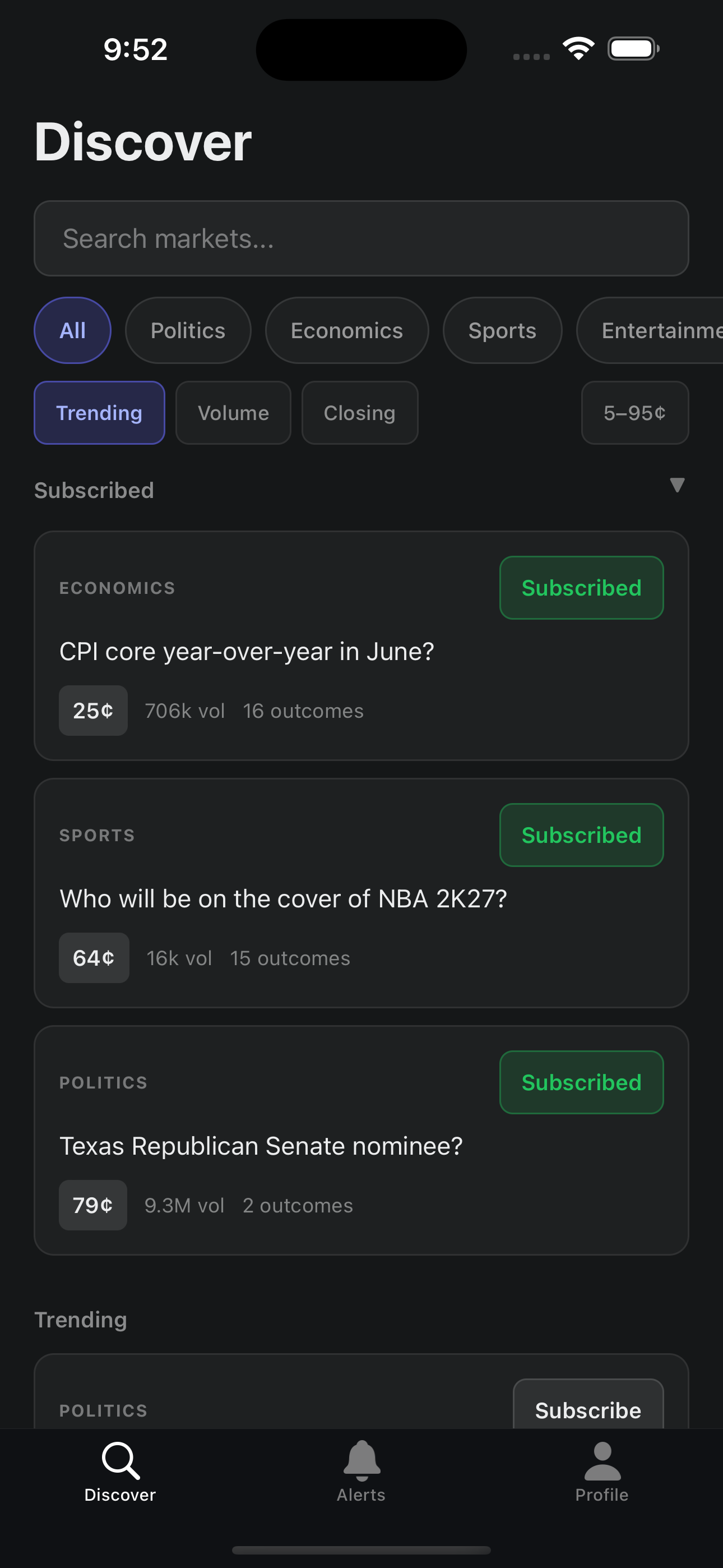 Subscribe and track Kalshi markets